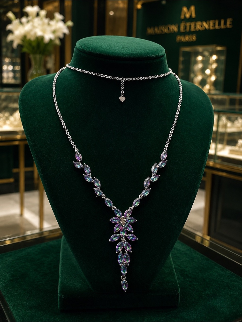 Genuine Mystic Topaz 925 Sterling Silver Platinum Plated Stunning Royal Necklace
